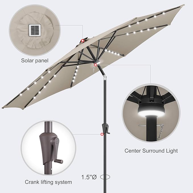 10FT Solar Umbrella Outdoor - Lighted Solar Patio Umbrella with 40 LED Lights Waterproof UV Protection, Table Umbrella with Tilt for Pool, Porch, Garden, Deck, Backyard (Taupe)