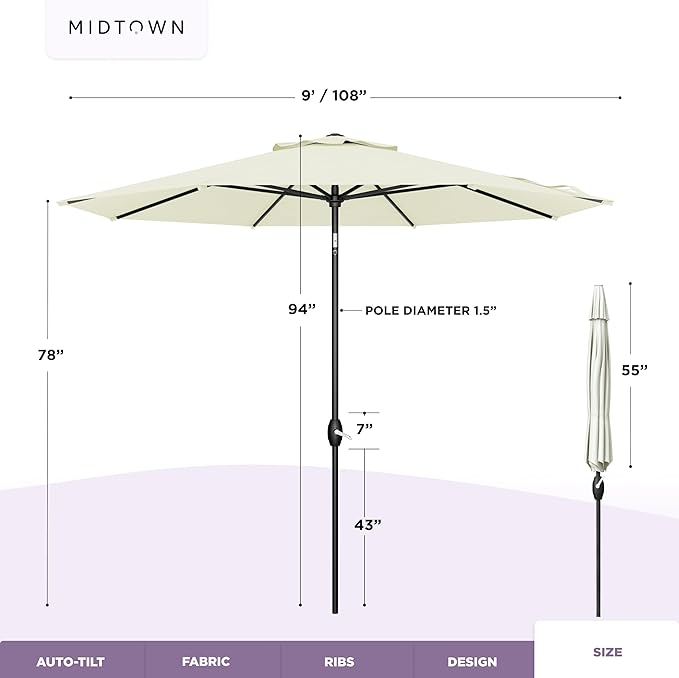 Midtown Umbrellas - The Lean 9 Ft Patio Umbrella with Fade-Resistant Sunbrella Fabric, Auto-Tilt Aluminum Frame and 8 Reinforced Ribs for Deck, Pool & Garden - Canvas Natural Canopy, Black Pole