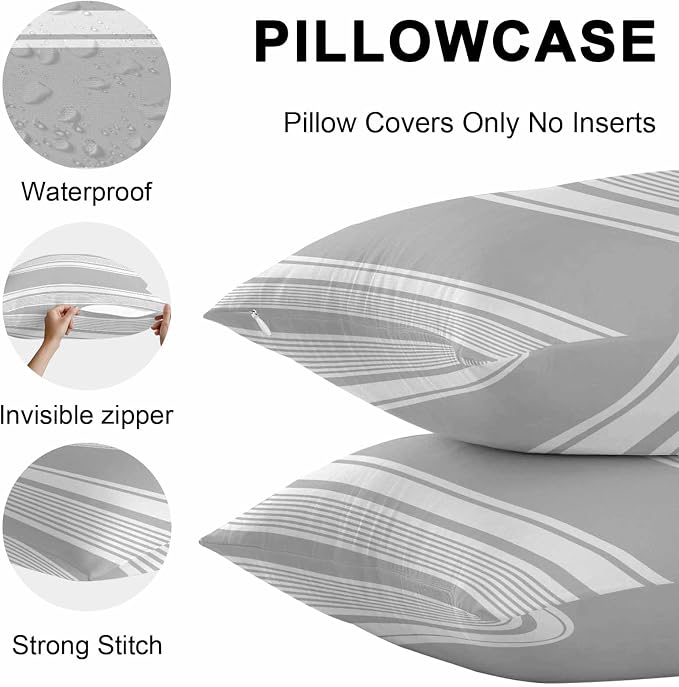 Vandarllin Outdoor Throw Pillows Covers 18x18 inch Set of 2 Waterproof Grey Stripes Decorative Zippered Cushion Covers for Patio Furniture, Striped Lines Lumbar Pillowcases
