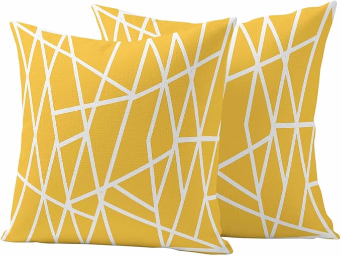 Outdoor Pillow Covers Waterproof, Yellow Geometric Decorative Square Throw Pillowcases Patio Cushion Covers for Tent/Garden, 16" x 16" 2 Pack, Abstract Stripes Modern Minimalist