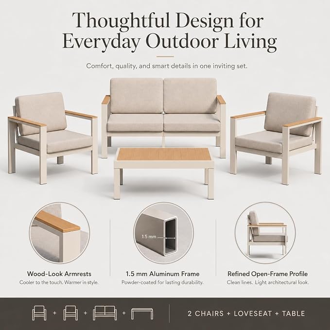 Outdoor Patio Furniture Set, 4-Piece Aluminum Conversation Set with Loveseat, 2 Chairs and Coffee Table, 5-Inch Water-Resistant Cushions for Backyard, Porch, Poolside, Beige