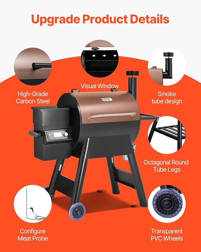 VEVOR Wood Pellet Grill Smoker, 8 in 1 BBQ Grills for Outdoor Cooking, 575 Square Inches Cook Area Electric Grill and Smoker, with LCD Screen Controller, Meat Probe, 500°F Max Temperature, Black