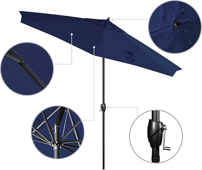 California Umbrella 12-Year Protection 9' Rd Aluminum Patio Umbrella, Crank Lift, Auto Tilt, Black Finish, Sunbrella True Blue