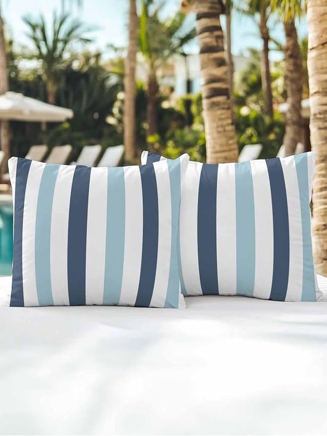 Outdoor Pillows Waterproof, Blue Aqua Striped Bedding Throw Pillows with Insert for Couch Sofa Bed, Farmhouse Stripe Art 18x18 Inch Pillowcases Decorative Camping Patio Pillow Set of 2