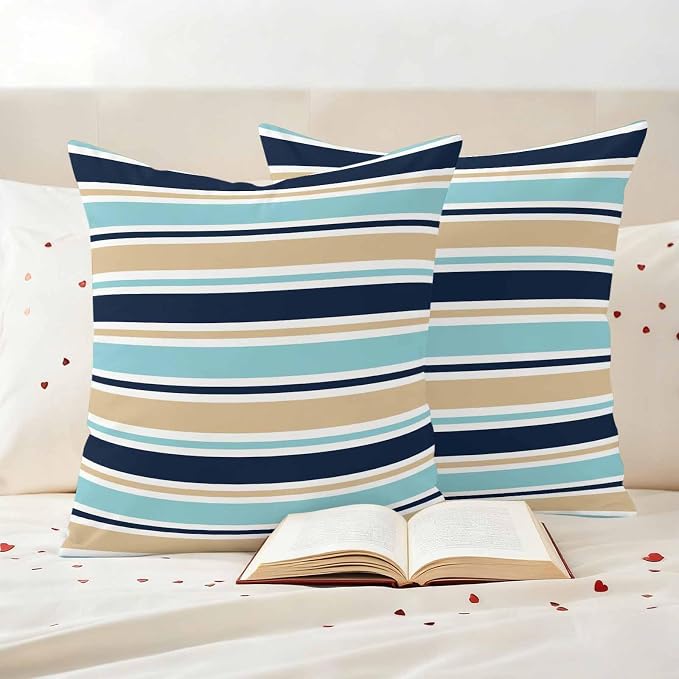 Khaki Striped Outdoor Pillow Cover 24x24 Inch Cushion Sham Case, Navy Blue Farmhouse Stripes Modern Abstract Art Waterproof Decorative Square Throw Pillowcase for Outside Garden Patio Porch Couch