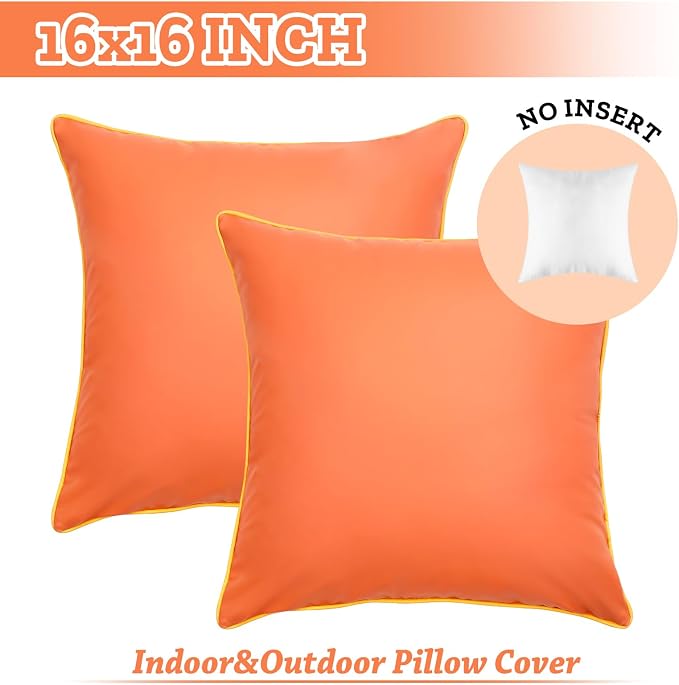 Pack of 2 Waterproof Silicone Leather Pillow Covers 16x16 Inches Fade-Resistant Durability Decorative Covers for Outdoor Garden Cushions Sunbrella Benches Patio Sofas Tents, Orange