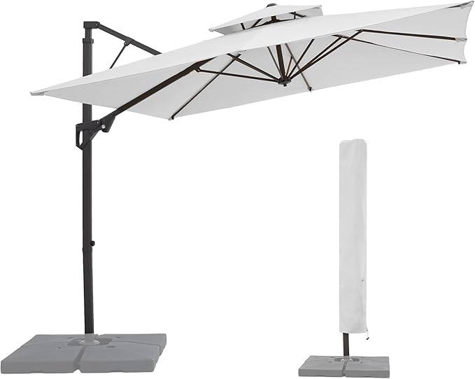 JEAREY 9ft 2-Tier Cantilever Patio Umbrella, Large Square Outdoor Offset Umbrella with Double Top Vent and 360-degree Rotation for Garden, Deck, Pool, Patio, Cream White