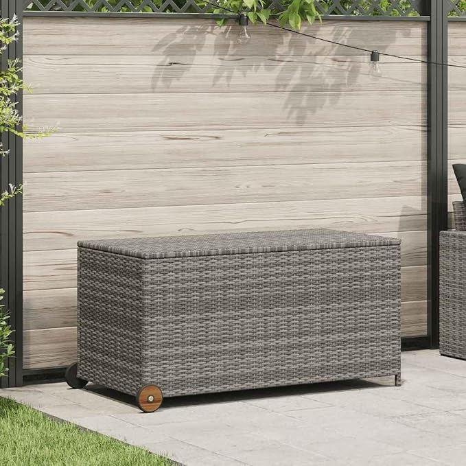 Poly Rattan Garden Storage Box with Wheels, 47.2x25.6x24 Inch Waterproof Deck Box for Patio, Cushion Storage with Inner Bag and Wooden Handle
