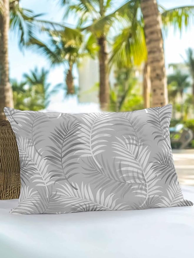 Waterproof Outdoor Pillow 1 Pack Grey Tropical Palm Leaves Decorative Throw Pillows Cover & Insert 20x12 Inch Lumbar Pillowcase Summer Jungle Foliage Pillows for Couch Sofa Bed Patio Furniture