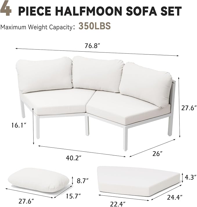 Crestlive Products Curved Patio Furniture Set, Modular Half Moon 4-Seater Sofa, Aluminum Outdoor Sectional with 5-Inch Water-Resistant Cushions, All Weather Couch for Backyard, Deck, Porch, Poolside