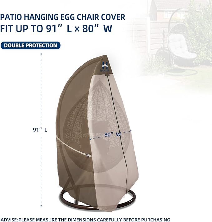 HAMLER Patio Egg Chair Cover, Heavy Duty Hanging Wicker Swing Chair Cover With Zipper, Waterproof for Outdoor Furniture, Fits up to 66W x 43D x 68H Inches