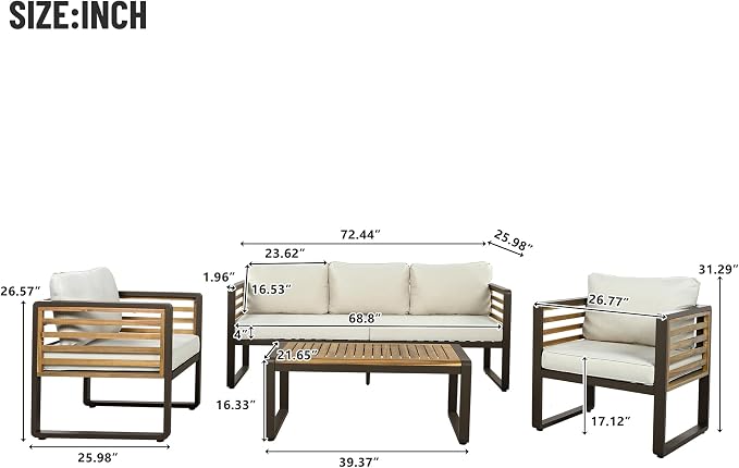 Merax 4-Piece Large Size Outdoor Conversation Sofa Set, Metal and Acacia Wood Frame Sofa with Removable Cushions, Waterproof & UV-Resistant, 5-Person Patio Furniture for Garden Backyard, Beige+Brown
