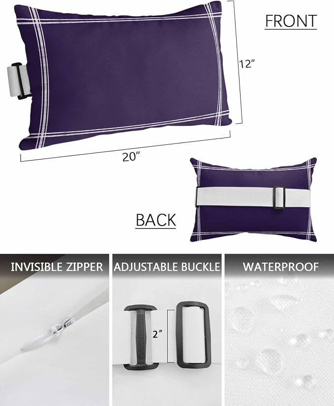 Chaise Lounge Chair Pillow with Strap & Insert Solid Color Outdoor Recliner Head Pillow Pack of 2 Dark Purple Waterproof Headrest Patio Lumbar Pillow for Beach Pool Office Chair 12x20 Inch