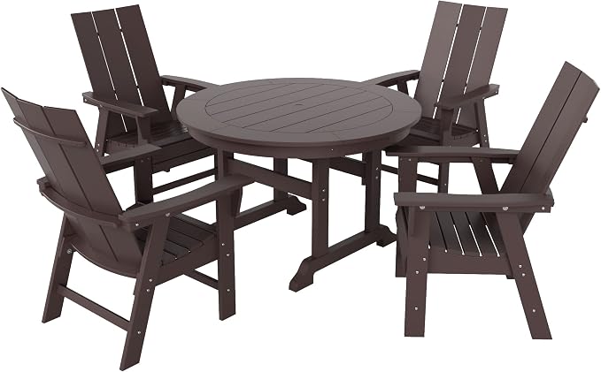 WestinTrends Ashore 5 Pieces Adirondack Outdoor Dining Set, All Weather Poly Lumber Slatted Modern Farmhouse Patio Furniture Set, 47" Trestle Round Table and 4 Adirondack Dining Chair, Dark Brown