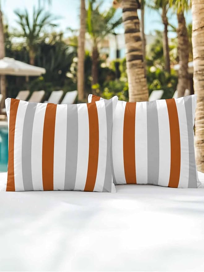 Outdoor Pillows Waterproof, Burnt Orange Gray Striped Bedding Throw Pillows with Insert for Couch Sofa Bed, Farmhouse Stripe Art 16x16 Inch Pillowcases Camping Patio Pillow Set of 2