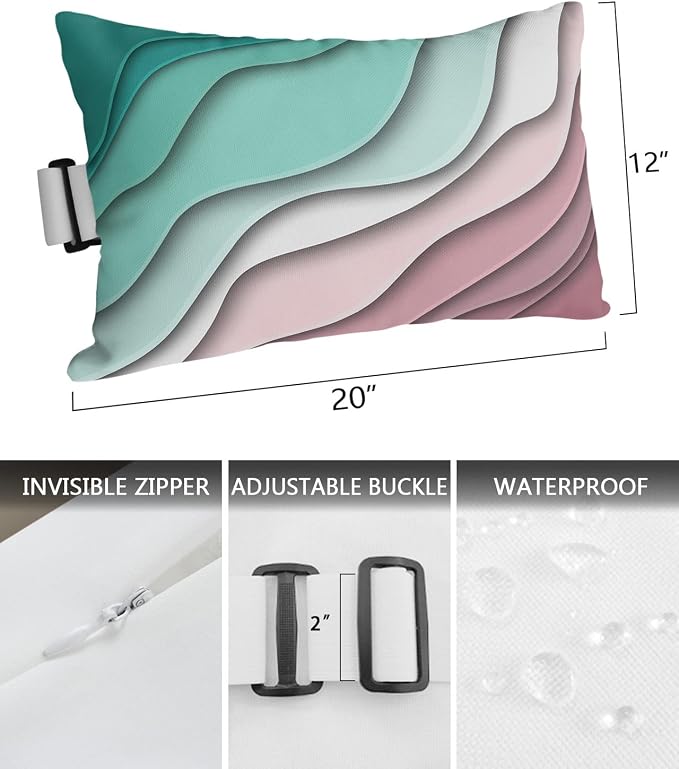 Outdoor Pillows Covers with Inserts Geometric Abstract Green Pink Gradient Waterproof Recliner Pillow with Adjustable Strap Throw Pillows for Patio Furniture Pool Lounge Chair, 12x20 inch, 2PCS