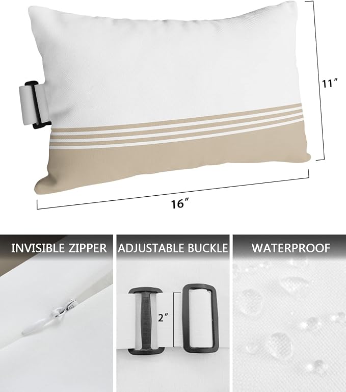 Outdoor Pillows Covers with Inserts Modern Art Brown White Simple Striped Farmhouse Waterproof Pillow with Adjustable Strap Throw Pillows for Patio Furniture Recliner Lounge Chair, 11x16 inch, 1PCS
