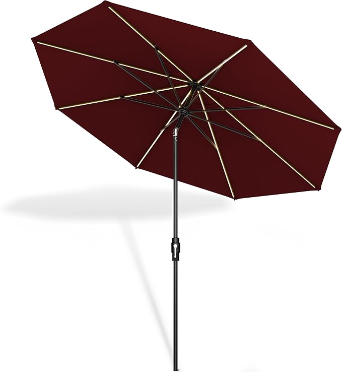 Midtown Umbrellas Led Swilt Sunbrella Umbrella 9 Ft Patio Umbrella With Sunbrella Burgundy Acrylic Fabric - Deck Patio Umbrella, Backyard Umbrella, Garden Umbrella & Pool Umbrella - Black Pole