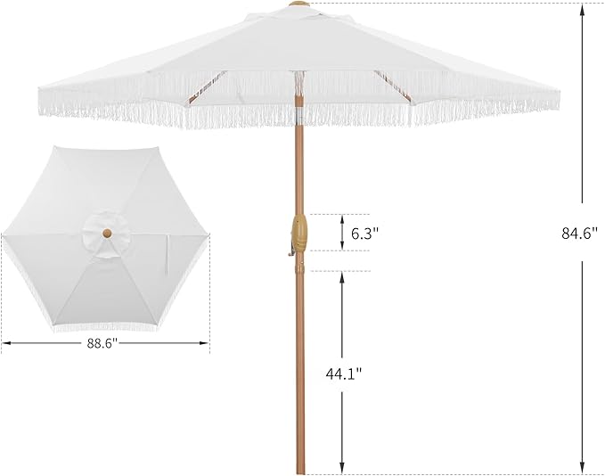 GDY 7.5FT Tassel Patio Umbrella Outdoor Table Umbrella,Market Umbrella with 6 Sturdy Ribs, with Push Button Tilt and Crank for Garden, Lawn, Deck, Backyard & Pool (Bright White)