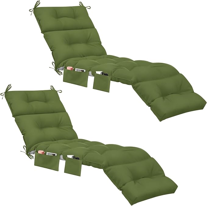 Kigley 2 Pcs Outdoor Chaise Lounge Cushions with 3 Side Pocket 74.5 x 22 x 4.7 Inch Patio Chaise Lounge Cushion, Water-Repellent and Fade-Resistant Tufted Summer Replacement(Moss Green, Solid Color)