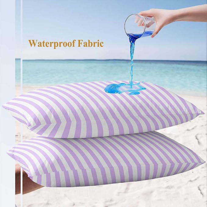 Lumbar Pillow Covers 20x12 Inch Set of 2, Purple White Stripe Waterproof Outdoor Cushion Covers, Modern Minimalist Geometric Striped Decorative Pillowcases for Couch, Sofa, Bed, Garden, Patio