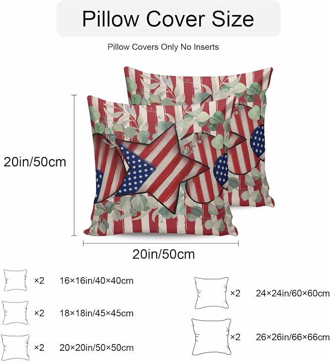 Stars Stripes Flag Waterproof Outdoor Pillow Covers Set of 2 Home Decor, Independence Day Eucalyptus Leaf Pillowcase Patio Pillow Covers for Couch Bench Furniture Garden 26x26in