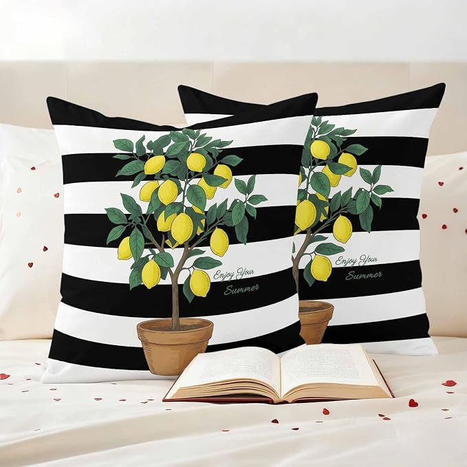 Outdoor Waterproof Throw Pillow Covers, Summer Lemon Decorative Pillow Cases, Black White Striped Potted Plant Couch Pillow Protector Patio Sofa Cushion Covers Replacement 18"x18" 2 Pack