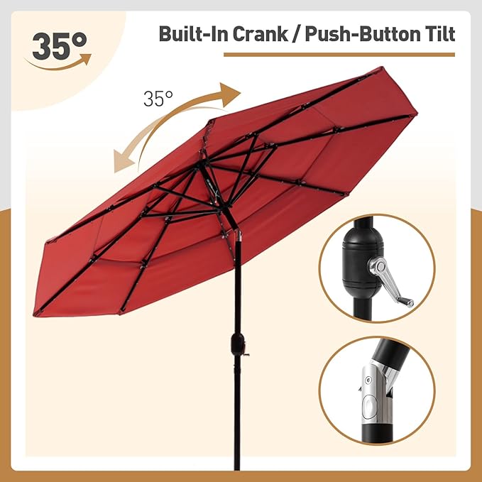 COSIEST 9FT 3 Tiers Patio Umbrella with Solar Lights, LED Outdoor Umbrellas with 8 Sturdy Ribs, Market Patio Table Umbrella with Push Button Tilt, Pool Umbrellas for Garden, Pool, Backyard