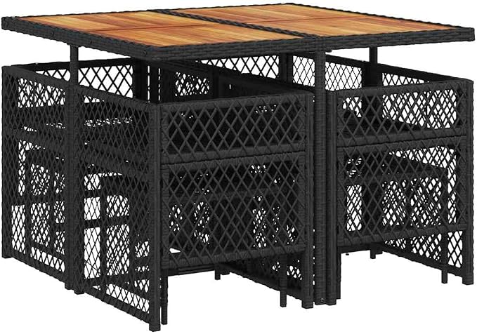 9 Piece Outdoor Dining Set with Rectangular Solid Acacia Wood Table, Black PE Rattan High-Back Chairs and Stools, Removable Cushions for Patio Garden
