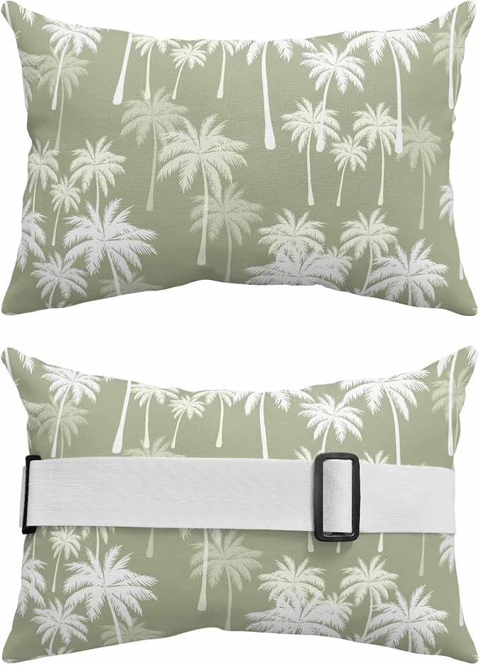 Tropical Palm Tree Outdoor Pillows for Chaise Lounge Chair Beach Headrest Pillow Set of 2 Waterproof Lumbar Pillows with Insert&Strap Sage Green Plants Coastal Leaf Beach Pool Pillow 11"x16"
