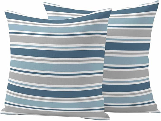 Blue Grey Striped Outdoor Pillow Cover 16x16 Inch Cushion Sham Case, Farmhouse Stripes Modern Abstract Art Waterproof Decorative Square Throw Pillowcase for Outside Garden Patio Porch Couch Chair Tent