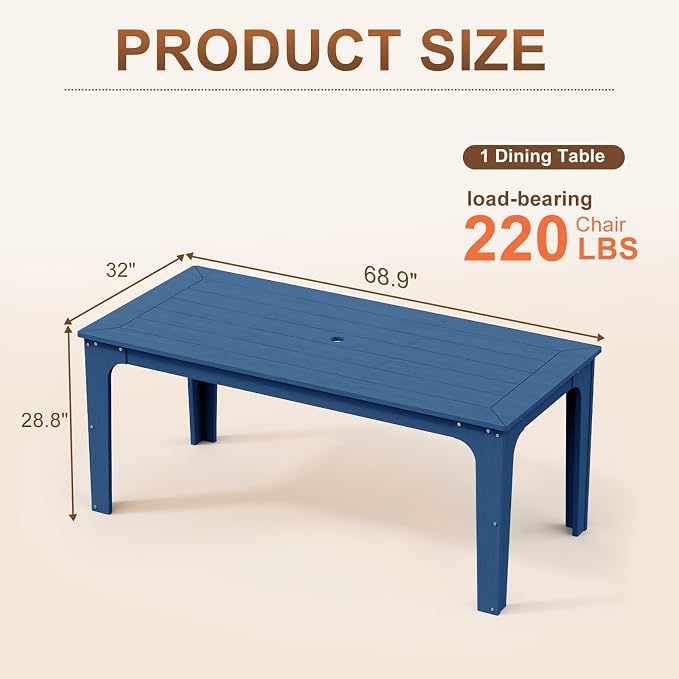 69" HDPE Rectangle Outdoor Dining Table for 6 Person, Blue | Weather-Resistant Patio Furniture with Metal Support Bars and Umbrella Hole Cut-Out for Poolside Garden Backyard Deck