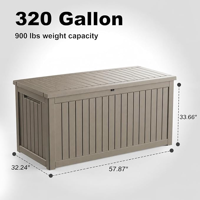 320 Gallon Waterproof Outdoor Storage Box, UV Resistant Resin Deck Box with Hydraulic Rod for Stable Support, Ideal for Patio, Garden and Pool, Grey