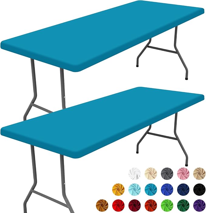 Moosfor Spandex 5 Foot Rectangle Table Cloth 2 Pack, Elastic Fitted Tablecloths for Picnic, Stretch Washable Patio Table Cover for Outdoor, Camping, Banquet and Parties (Teal, 30"x60")