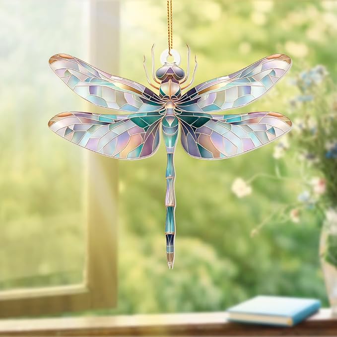 Dragonfly Ornament Stained Glass Style – Acrylic Window Hanging Suncatcher, Car Rearview Mirror Charm, Whimsical Holiday Christmas Tree Ornament, Unique Dragonfly Gifts for Women, Mom, Teacher(Sun-13)