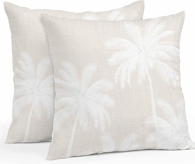 Outdoor Pillow Covers 18x18 Inch Set of 2, Cream Palm Trees Waterproof Throw Pillow Covers, Farmhouse Tropical Summer Beach Decorative Cushion Pillowcases for Couch, Sofa, Bed, Garden, Patio
