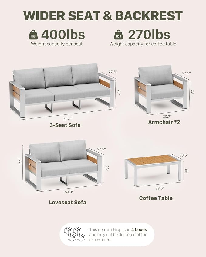 ZANDOR Aluminum Outdoor Patio Furniture Set with Coffee Table, 2 Seats Patio Conversation Sets with Washable Thick Cushions, Outdoor Sectional for Porch, Backyard, Deck, Garden & Poolside, Silver
