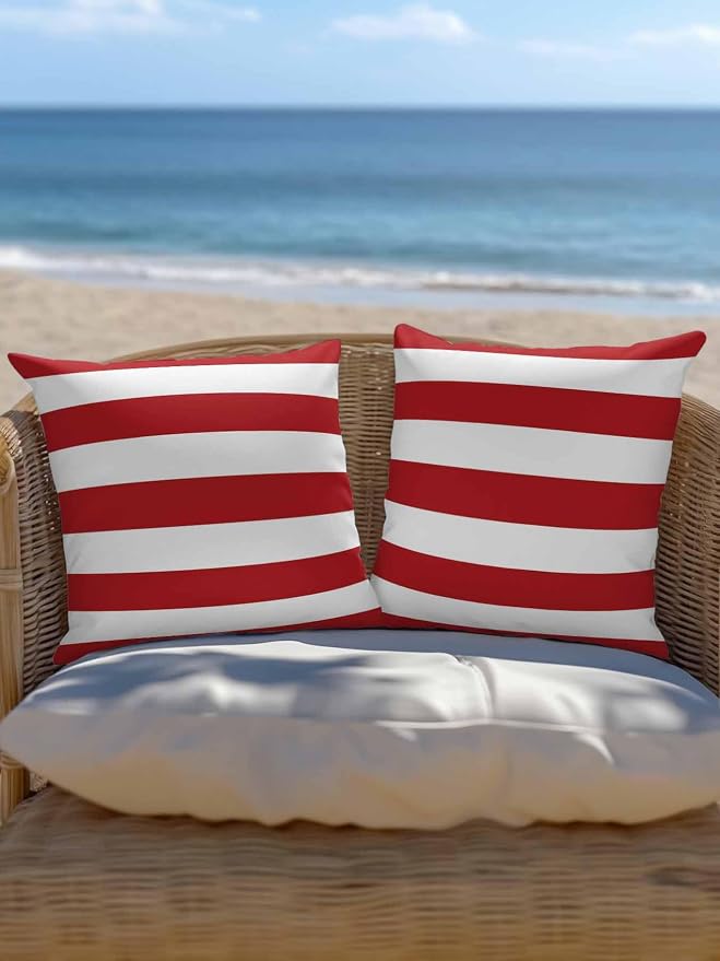 Waterproof Outdoor Pillow Set of 2 Red White Stripe Decorative Throw Pillows Cover & Insert 18x18 Inch Pillowcase Simple Style Striped Square Pillows for Couch Sofa Bed Patio Furniture Indoor Outdoor