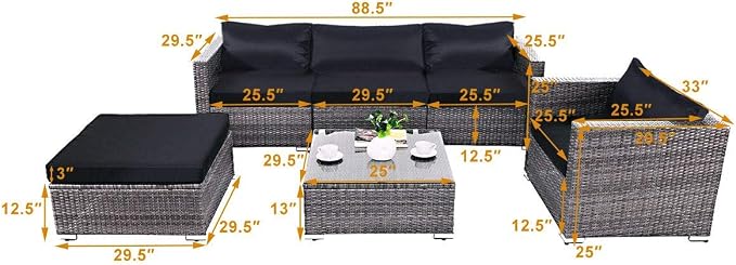 Tangkula 6PC Patio Furniture Set Outdoor Garden Backyard Poolside All Weather PE Rattan Wicker Steel Frame Sectional Cushioned Seat Sofa Conversation Set (Grey)