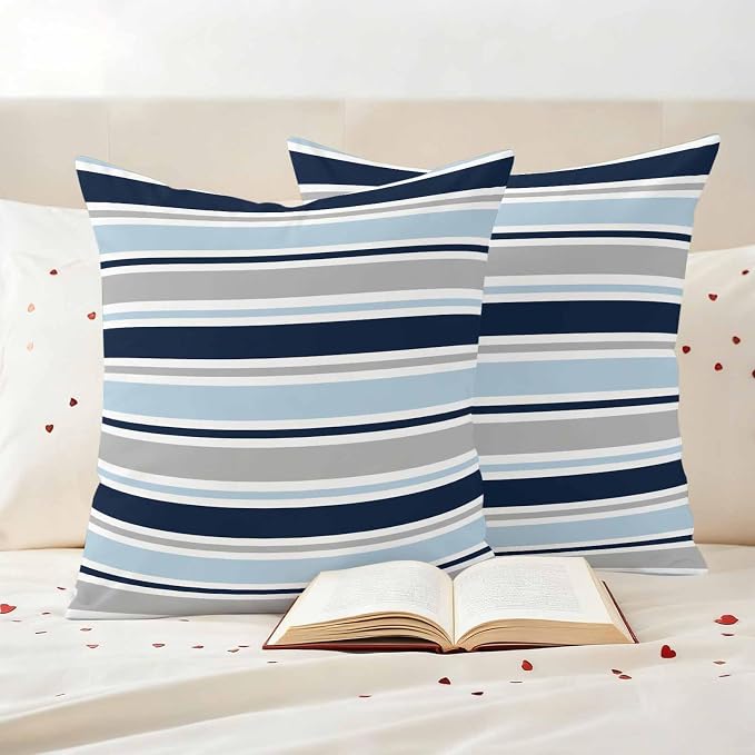 Navy Blue Gray Striped Outdoor Pillow Cover 26x26 Inch Cushion Sham Case, Farmhouse Stripes Modern Abstract Art Waterproof Decorative Square Throw Pillowcase for Outside Garden Patio Porch Couch Chair