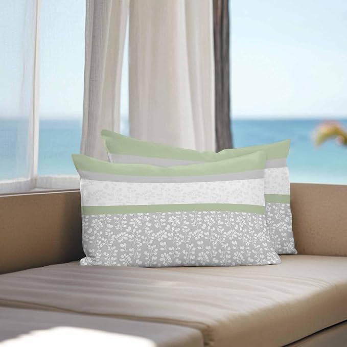 Farmhouse Flower Design Outdoor Pillow Covers 20x12in Pack of 2 Waterproof Pillowcase Green Grey White Stripe Stitching Decorative Throw Cushion Case for Patio Couch Sofa