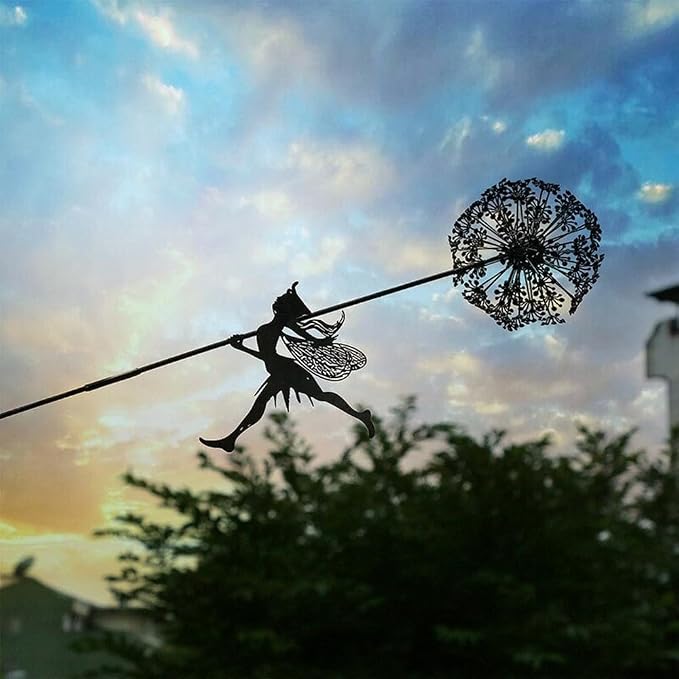 Fcteap Flower Fairy Dancing with Dandelion Garden Art Sculpture Stainless Steel Statue Christmas Halloween Decoration for Outdoor Yard Courtyard Lawn Patio Metal Ornaments (Long Travel)