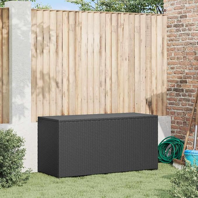 Outdoor Storage Chest, Weather-Resistant Rectangular Deck Box for Garden Cushions and Patio Gear, Large Capacity Bin with Gas Lift Mechanism, Black Synthetic Poly Rattan