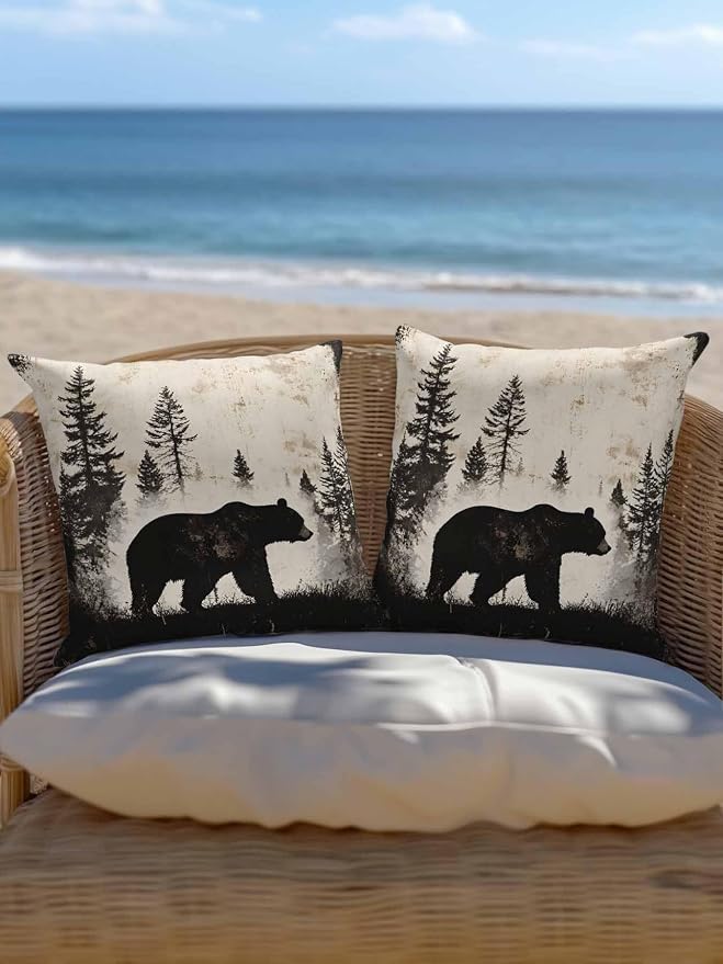 Outdoor Waterproof Throw Pillows Forest Brown Bear Silhouette Patio Pillows,Decorative Pillow Covers with Insert,Pillow Cushion Case for Garden Couch Sofa Minimalist Modern Art