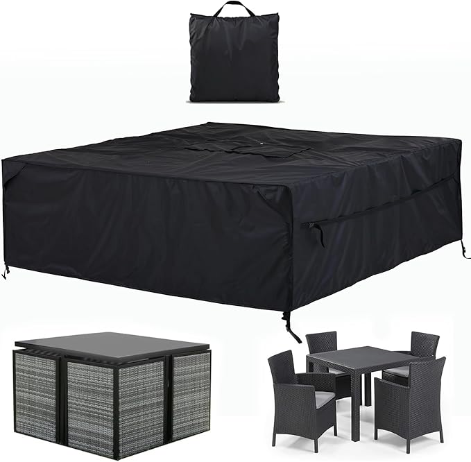 Patio Furniture Covers Waterproof - 420D Outdoor Table and Chair Set Cover with Built-in Storage Bag - Rectangular Patio Table Cover for 4-Seat Dining Set or Sectional Sofa - Black