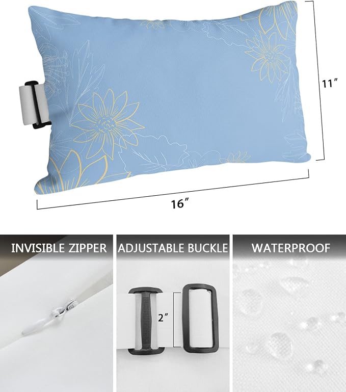 Outdoor Pillows Covers with Inserts Minimalist Lines Leaves Flowers Blue Waterproof Recliner Pillow with Adjustable Strap Throw Pillows for Patio Furniture Pool Lounge Chair, 11x16 inch, 1PCS