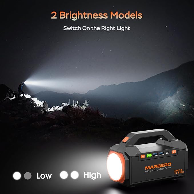 MARBERO Portable Power Station 177.6Wh Power Bank 150W Max Outdoor Camping Battery with LED Flashlight Fast Charger for Outdoor Adventure Hunting CPAP Home Backup Business Trips Emergencies