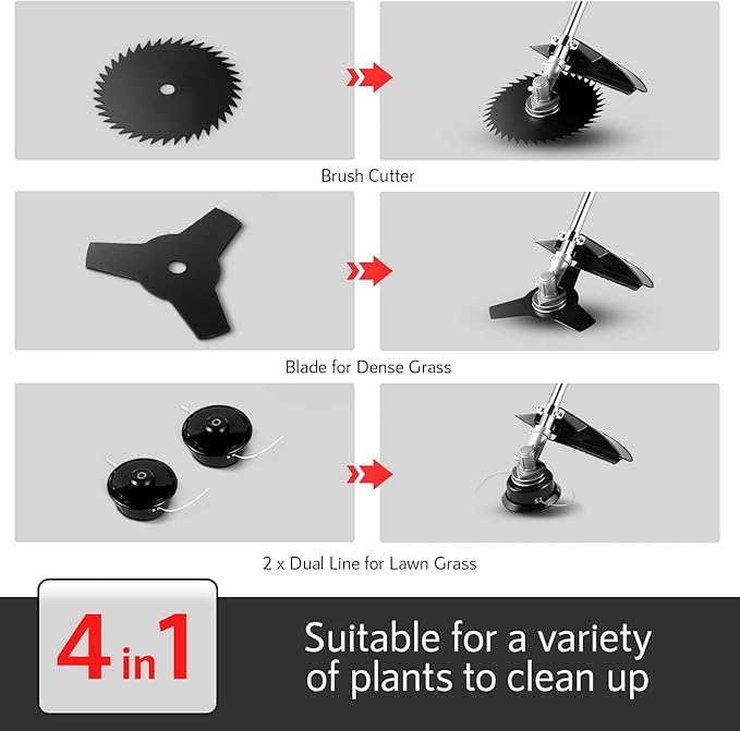 COOCHEER 58cc 2-Cycle Gas Brush Cutter – 4-in-1 Weed Wacker with 18" Cutting Path & Straight Shaft, 4 Detachable Heads for Lawn, Garden, Farm & Yard Work