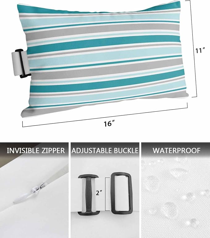 Pack of 2 Outdoor Lumbar Pillow Covers 11x16 Inch, Grey Blue Striped Waterproof Throw Pillow Covers Set, Farmhouse Stripes Modern Abstract Art Outside Decorative Cushion Cases for Patio Porch Car