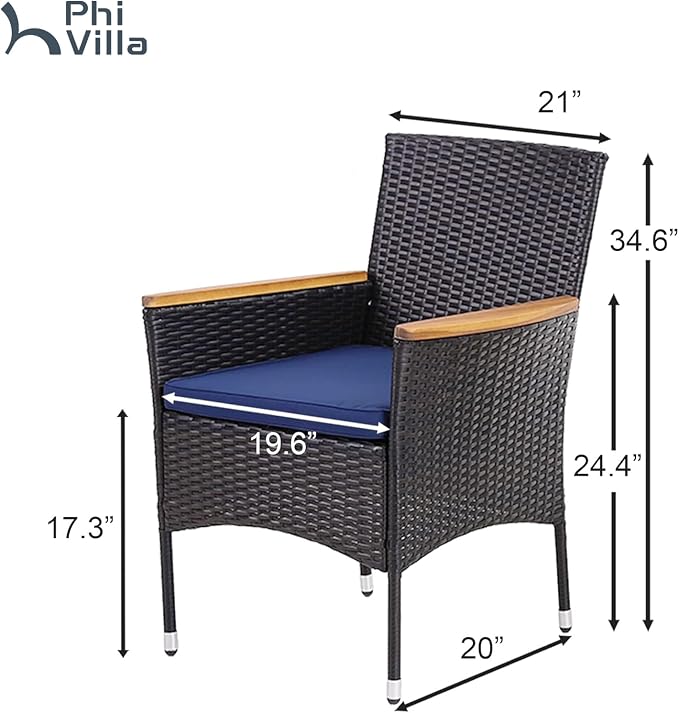PHI VILLA High Back Wicker Patio Dining Chairs Set of 4, Wood Armrest | 4 Rattan dining chairs with thick removable seat cushions. Sturdy steel frame, easy assembly.